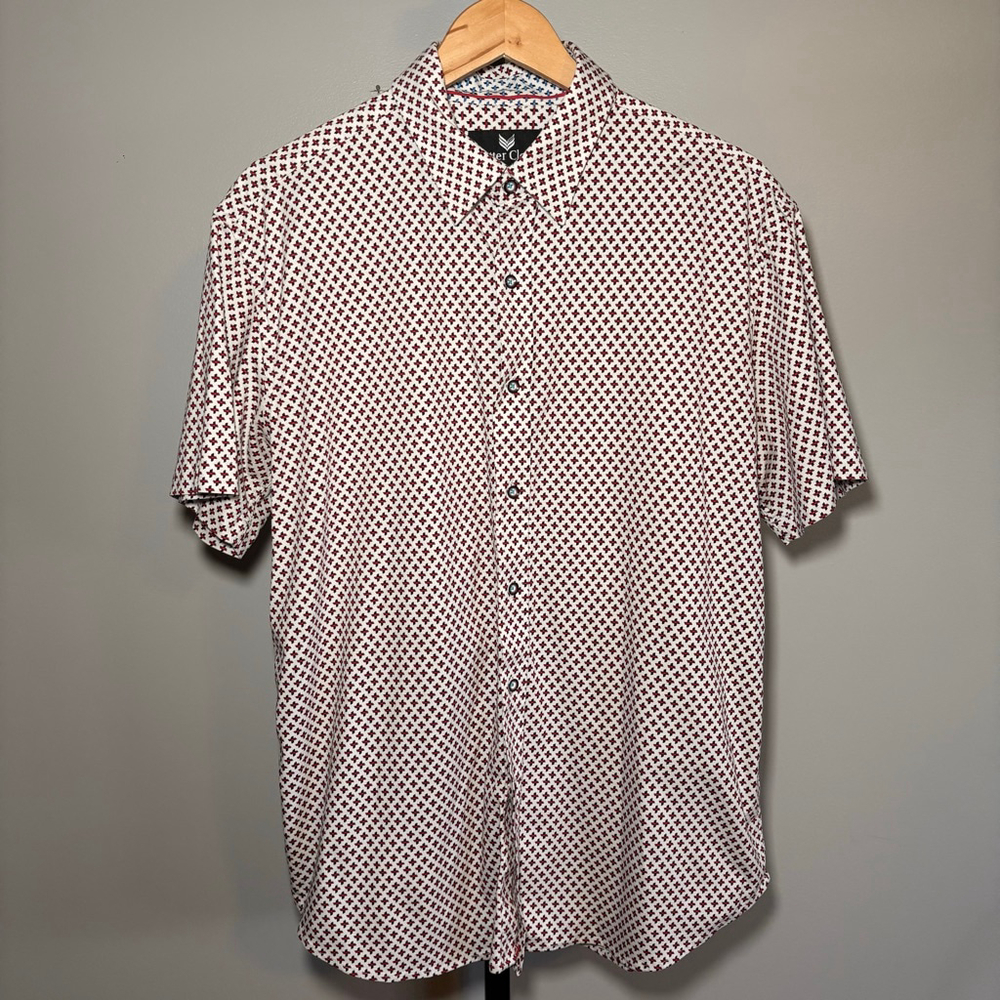 Men's Butter Cloth Casual Button Down Shirt‎ XL White Red Pattern